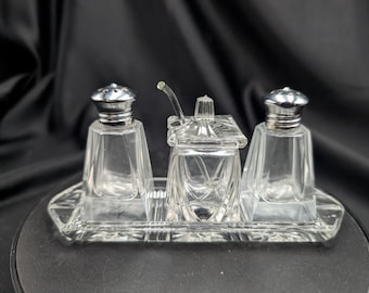 Vintage Bohemia Glass Condiment Cruet Set 6 Piece Czech Czechoslovakia Salt Pepper Mustard Spoon Tray