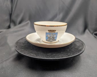 Vintage Porsgrund Norway Porcelain Tea Cup Saucer Oslo Crest Gold Rim