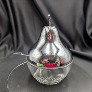 Vintage Pear Shaped Glass Sugar Bowl with Silver Tone Lid & Spoon