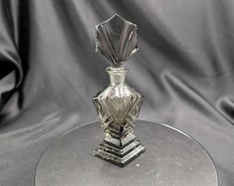 Vintage Art Deco Glass Perfume Bottle Fan Stopper Geometric Stepped Base 6"
