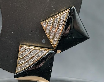 Butler Clip On Earrings in Black and Gold with Clear Stones