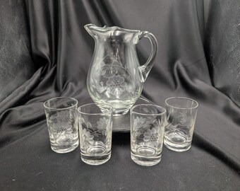 Vintage WJ Hughes Cornflower Glass Juice Pitcher & 4 Tumbler Set Etched Cut Glass 5pc Canadian Mid Century