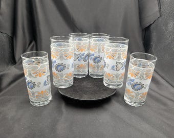 Alpine Cuisine Vintage Juice Glasses Blue and Orange Floral 6Pc