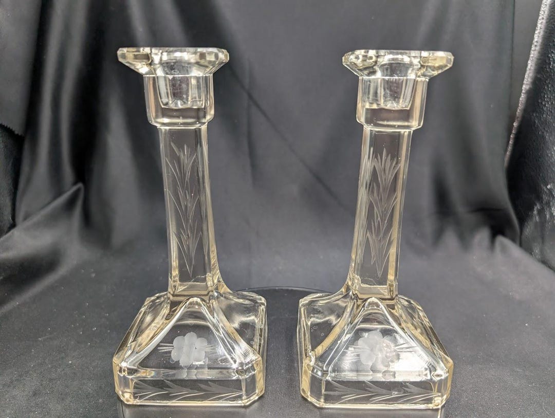 Vintage Etched Glass Candlestick Holders Set of 2 Square Floral - Etsy