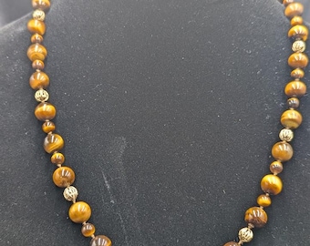 Vintage Tiger's Eye Bead Necklace with Gold Tone Accents