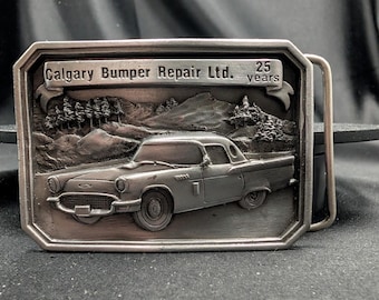 Vintage Calgary Bumper Repair Ltd 25th Anniversary Pewter Belt Buckle 1957 Ford Thunderbird