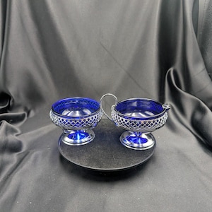 Vintage Mayell England Cobalt Blue Glass Cream and Sugar Set