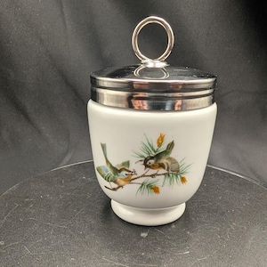 May include: A white porcelain jar with a silver-toned metal lid featuring a circular handle. The jar is decorated with a painted illustration of two small birds perched on pine branches with green needles and small orange-yellow pine cones.