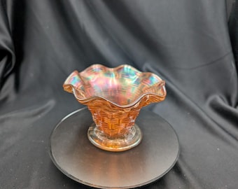 Antique Dugan Carnival Glass Big Basketweave Squat Vase Persian Garden Base Marigold