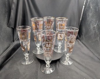 Vintage Libbey Wirtshaus Szene Pilsner Gläser Set mit 6 Gold