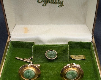 Dynasty Green Jade Cufflink and Tie Pin Set In Original Box