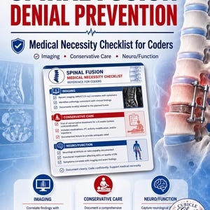 May include: A medical reference poster titled Spinal Fusion Denial Prevention featuring a checklist for coders. It includes sections for Imaging, Conservative Care, and Neuro/Function, alongside a graphic of a spinal column with metal hardware.