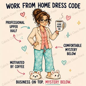 Coloriage « Code vestimentaire pour le télétravail » | Cadeau humoristique pour télétravailleurs | Coloriage pour codeurs médicaux | Téléchargement numérique