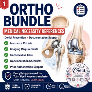 Pode incluir: Um guia de referência de necessidade médica Ortho Bundle com ilustrações de substituições de quadril e joelho. O texto inclui 'Denial Prevention', 'Documentation Support' e 'Everything you need for Total Hip & Knee Arthroplasty'.
