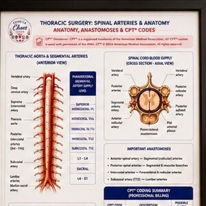 Op de afbeelding: Een ingelijste medische educatieve poster getiteld Thoracic Surgery: Spinal Arteries & Anatomy. Het bevat gedetailleerde anatomische illustraties van de thoracale aorta, segmentale slagaders en een dwarsdoorsnede van het ruggenmerg.