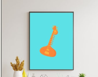 Pop Art Sitar Print - Classical Indian Instrument Print - Printable Digital Download