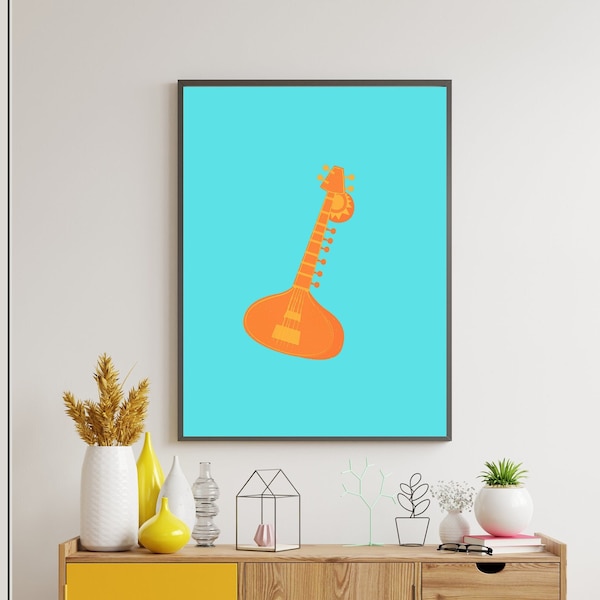 Pop Art Sitar Print - Classical Indian Instrument Print - Téléchargement numérique imprimable