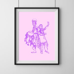May include: A purple line drawing of two people dancing. The person on the left is playing a drum and the person on the right is holding their arm up in the air. The background is pink.