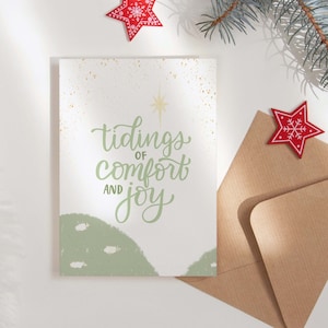 Nouvelles de confort et de joie carte de Noël, carte imprimable, chant de Noël, carte faite à la main, bergers et moutons, carte de Noël chrétienne