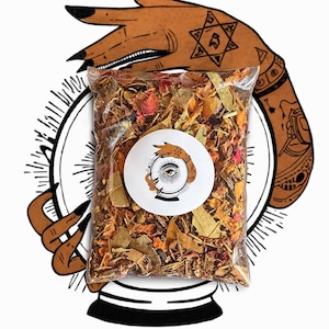 May include: A clear plastic bag filled with dried herbs and flowers, featuring a white circular sticker with a hand holding a crystal ball. The bag is set against a white background with a brown hand illustration and a crystal ball.