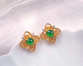 Vintage Style Jadeite Earrings, 14K Gold Plated 925 Silver, Guatemala Jade