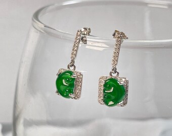 Green Ruyi Jadeite Earrings, 925 Sterling Silver, Guatemala Jade