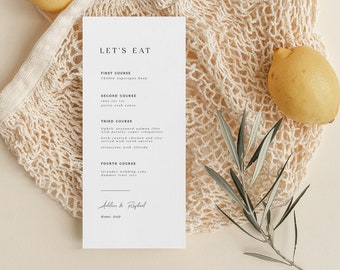 May include: A minimalist menu card with the text "LET'S EAT" at the top, listing four courses. The card is on a beige surface with a net bag, lemons, and an olive branch. The bottom of the card has a signature and the location "Rome, Italy."