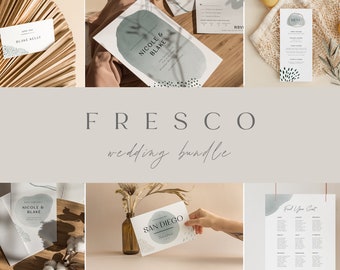 May include: A collection of wedding stationery with a minimalist design. The items include invitations, menus, and seating charts. The designs feature watercolor-style shapes in shades of gray and blue, with the text "FRESCO wedding bundle".