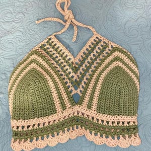 Handmade Crochet Bralette: Cotton Top, Sage/tan