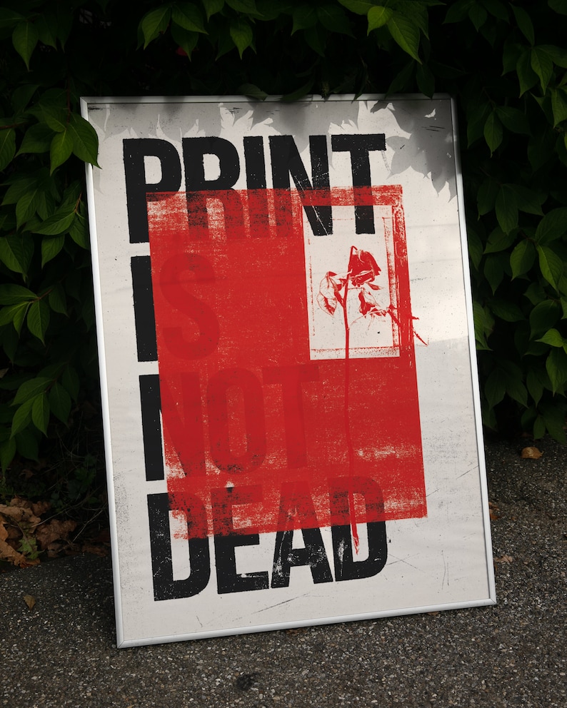 Print Is Not Dead, Grunge Wall Art, Graphic Designer Gift, Punk Typography Print, 90s Grunge Decor, Free Worldwide Shipping image 1