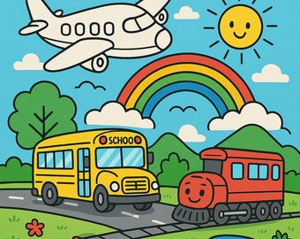 Op de afbeelding: Een kleurboek voor kinderen met de titel "Color & Learn: My First Transport Coloring Book". De omslag heeft een blauwe achtergrond met illustraties van een vliegtuig, zon, regenboog, schoolbus, trein, auto en zeilboten.