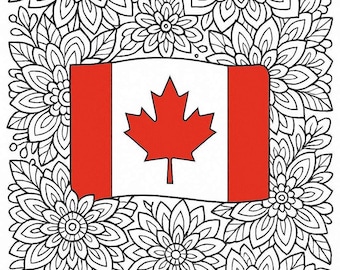 May include: A coloring page featuring the Canadian flag, a red maple leaf on a white background, framed by a border of detailed floral designs. The flowers and leaves are in black and white.