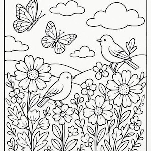 May include: Black and white line art illustration of a spring scene. Two butterflies and two birds are featured, along with flowers, leaves, and clouds. The image is suitable for coloring.
