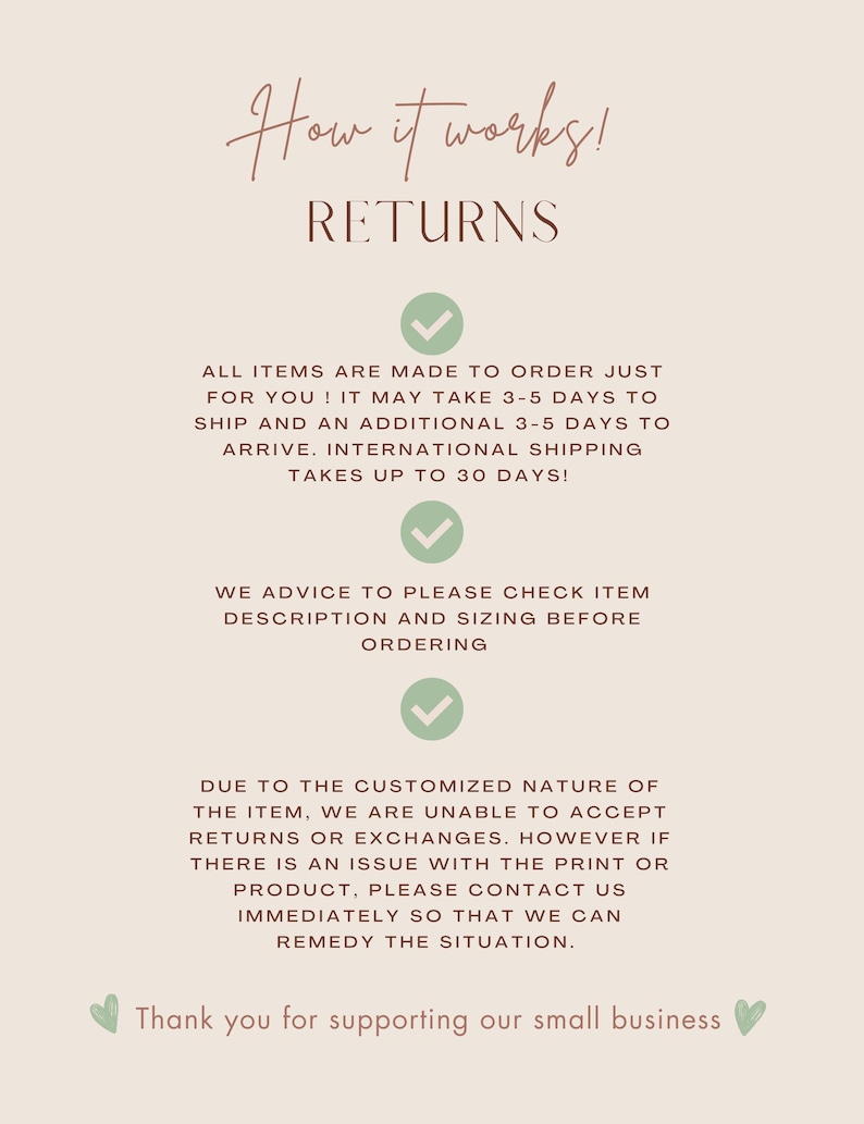 May include: A beige informational graphic with the text "How it works! RETURNS". The text explains the return policy, including made-to-order items, shipping times, and return conditions. Includes green checkmarks and a thank you message.