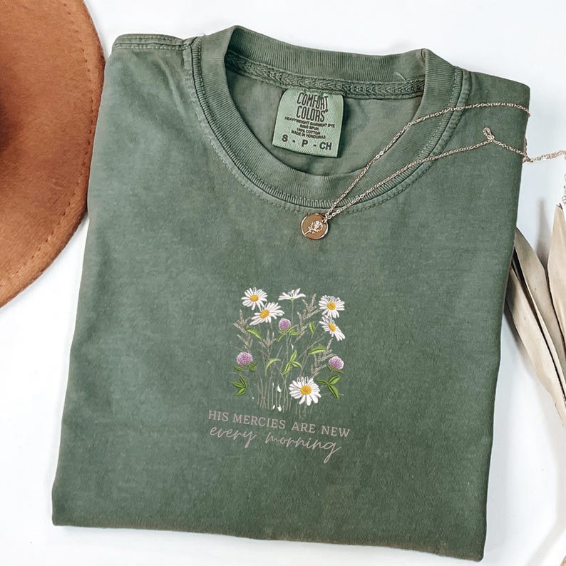 Comfort Colors®  Embroidered Christian Shirt | Floral Daisies T-Shirt | His Mercies Jesus Clothes