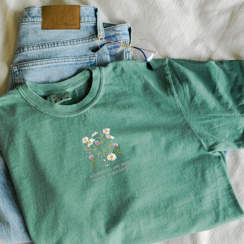 Comfort Colors®  Embroidered Christian Shirt | Floral Daisies T-Shirt | His Mercies Jesus Clothes