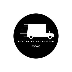May include: A white delivery truck silhouette with motion lines, set against a black circular background. The text "EXPODITED PROCESSING" and "MCWC" are in white, positioned below the truck image. The design is simple and bold.