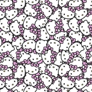 Może przedstawiać: Powtarzający się wzór przedstawiający wiele białych twarzy postaci Hello Kitty z czarnymi konturami i różowymi kokardkami. Każda postać ma proste czarne oczy, żółty nos i brak ust, ułożone w gęsty, nakładający się na siebie kolaż.