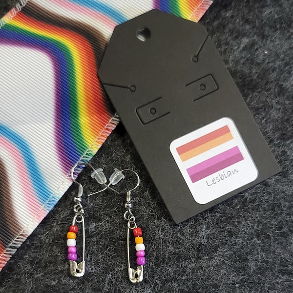 Lesbian Pride Flag Opaque Beaded Safety Pin Earrings Jewelry Gay Pride LGBTQIA+ Support Safe with Me