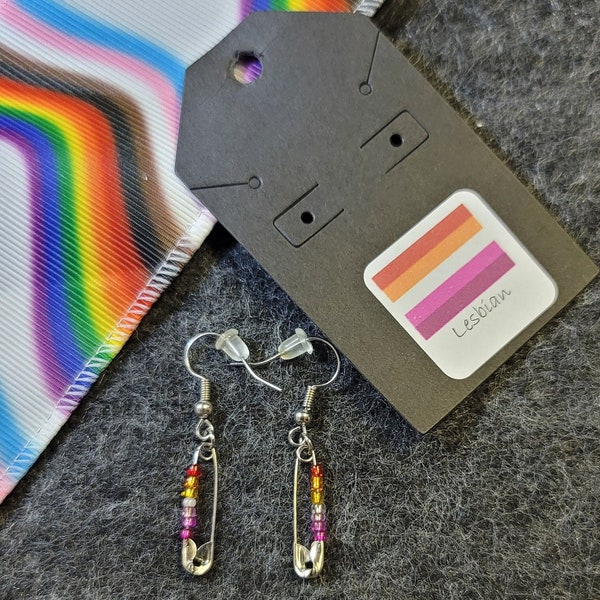 Lesbian Pride Flag Beaded Safety Pin Earrings Jewelry Gay Pride LGBTQIA+ Support Safe with Me