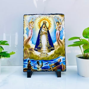 Caridad del Cobre, Religious Plaque, Our Lady of Charity Photo Plaque, Remembrance Gift, Photo Slate, Natural Stone Frame