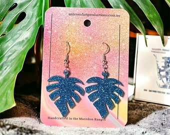 Acrylic handmade earrings - Fern Blue Glitter