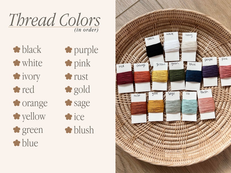 Puede incluir: Una colecci&oacute;n de carretes de hilo de bordar en varios colores, incluyendo negro, blanco, marfil, rojo, naranja, amarillo, verde, azul, morado, rosa, &oacute;xido, dorado, salvia, hielo y rubor. Los carretes est&aacute;n dispuestos en una cesta.