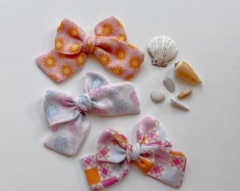Colección de lazos para días soleados / lazos de gasa orgánica, lazos de verano, lazos femeninos, acolchados, lazos de patchwork, lazos de conchas marinas, lazos de sol, lazos para el cabello para un día de playa