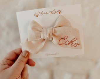 hand embroidered name bow | regular + mini sizes, name announcement, baby girl, hand embroidery, birthday gift, custom bow, easter bow