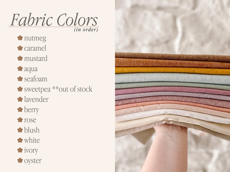 Puede incluir: Un conjunto de muestras de tela en varios colores, incluyendo nuez moscada, caramelo, mostaza, aguamarina, espuma de mar, lavanda, baya, rosa, rubor, blanco, marfil y ostra. Las muestras de tela est&aacute;n dispuestas en orden de arco&iacute;ris, con el color m&aacute;s oscuro en la parte superior y el color m&aacute;s claro en la parte inferior. El texto "Fabric Colors (in order)" es visible en la parte superior de la imagen.