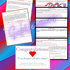 May include: A colorful printable game for couples. The game includes instructions for partners to complete a questionnaire and hide clues for each other. The game ends with a congratulations message and a heart.