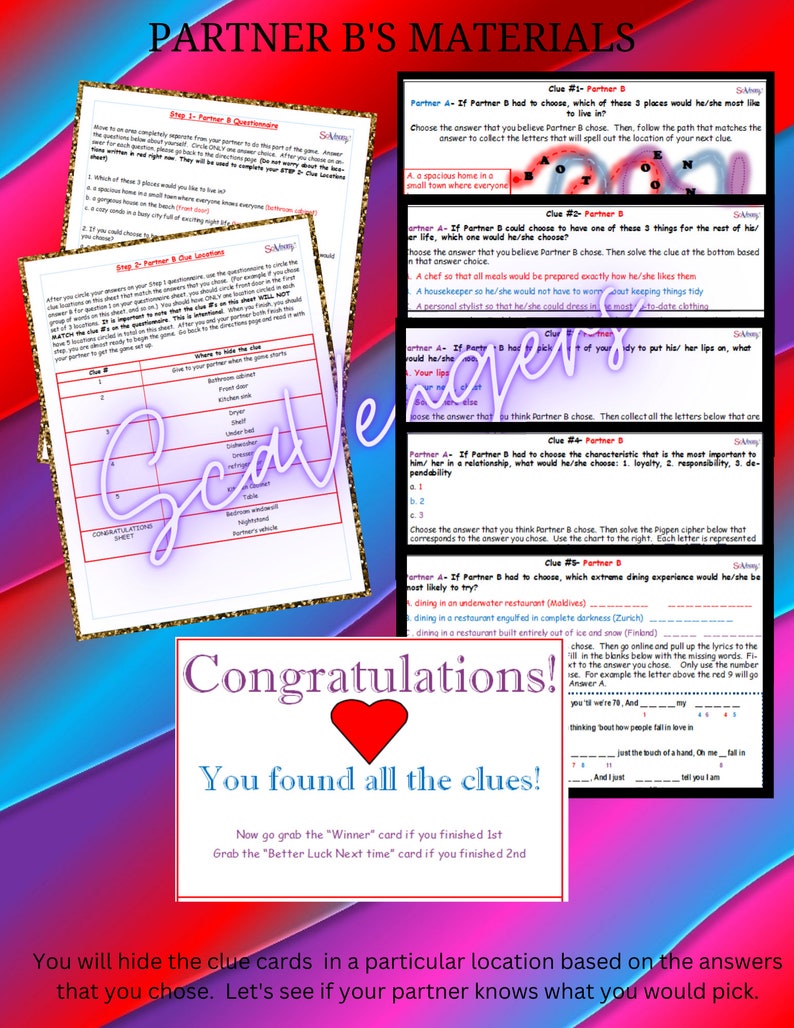 May include: A colorful printable game for couples. The game includes instructions for partners to complete a questionnaire and hide clues for each other. The game ends with a congratulations message and a heart.