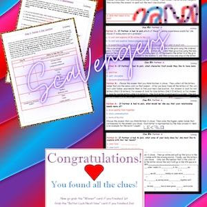 May include: A printable game for couples with instructions and clues. The game is titled "Partner A's Materials" and includes a red heart with the text "Congratulations! You found all the clues!"