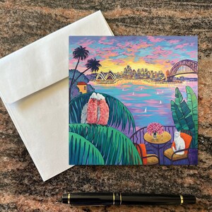 Kartki z życzeniami z okazji świąt w Sydney, 14 x 14 cm, przedstawiające obraz „Soulful evening in Sydney” autorstwa Iriny Redine